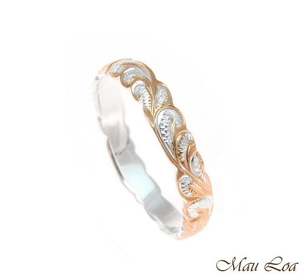 925 Silver 4mm 2T Pink Rose Gold Hawaiian Scroll Hand Engraved Cut Out Ring Band
