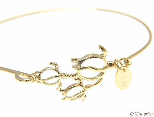 Yellow Gold on Brass Hawaiian Honu Turtle Family Open Bangle Bracelet