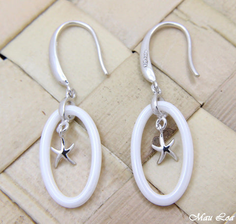 925 Silver Rhodium Hawaiian Starfish Sea Star White Ceramic Oval Hook Earrings