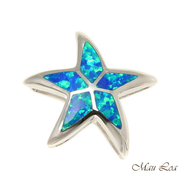 925 Sterling Silver Rhodium Hawaiian Sea Star Starfish Blue Opal Slider Pendant