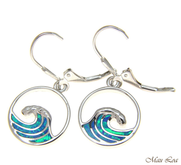 925 Sterling Silver Rhodium Hawaiian Ocean Wave Blue Opal Leverback Earrings