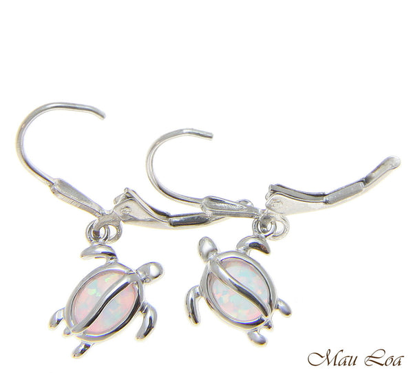 925 Sterling Silver Rhodium Hawaiian Honu Turtle White Opal Leverback Earrings