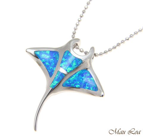 925 Silver Rhodium Plated Hawaiian Manta Ray Fish Blue Opal Slider Pendant