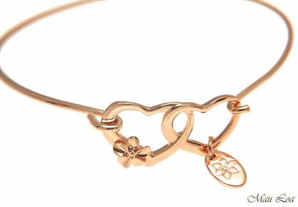 Pink Rose Gold Plated Brass Hawaiian Plumeria Flower Heart Open Bangle Bracelet