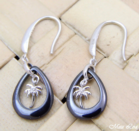 925 Silver Rhodium Hawaiian Palm Tree Black Ceramic Tear Drop Hook Earrings