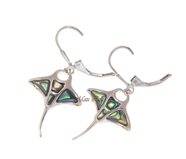 925 Sterling Silver Hawaiian Manta Ray Abalone Paua Shell Leverback Earrings