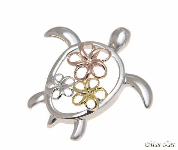 925 Sterling Silver Tricolor Hawaiian Plumeria Flower Turtle Honu Slider Pendant