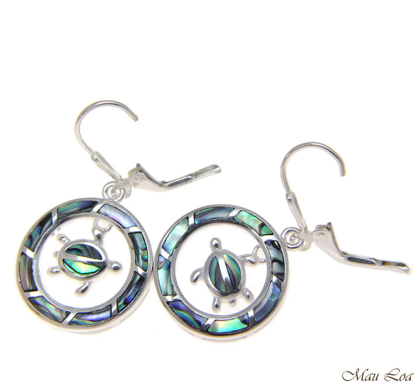 925 Silver Hawaiian Circle Honu Sea Turtle Abalone Shell Paua Leverback Earrings