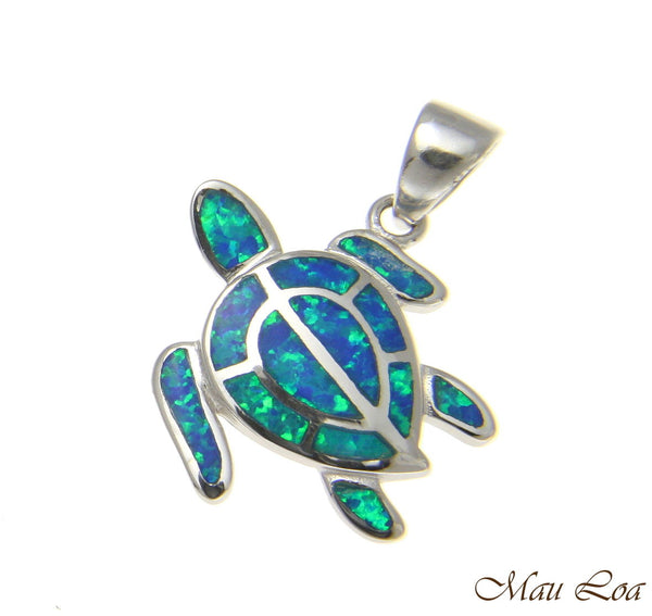 925 Sterling Silver Rhodium Hawaiian Honu Sea Turtle Blue Opal Pendant Charm