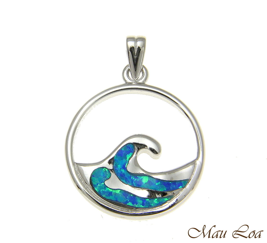 925 Sterling Silver Rhodium Hawaiian 20mm Ocean Wave Blue Opal Pendant Charm