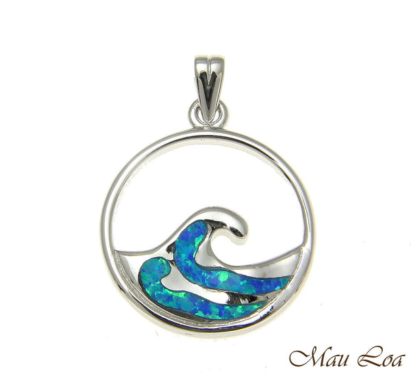 925 Sterling Silver Rhodium Hawaiian 20mm Ocean Wave Blue Opal Pendant Charm