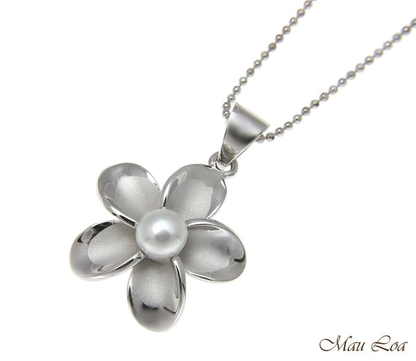 925 Silver Hawaiian Plumeria Flower Fresh Water Pearl Rhodium Pendant 12-32mm