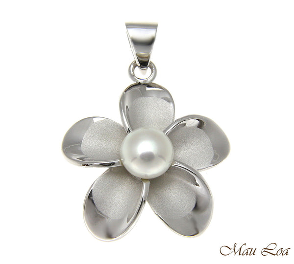 925 Silver Hawaiian Plumeria Flower Fresh Water Pearl Rhodium Pendant 12-32mm