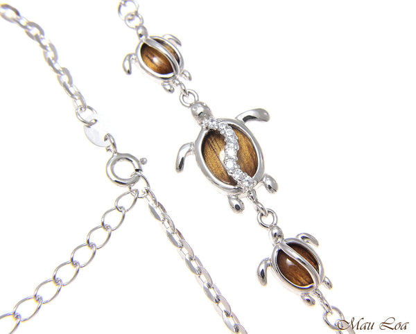 925 Sterling Silver Rhodium Hawaiian Koa Wood CZ Honu Turtle Bracelet 7" + 2"