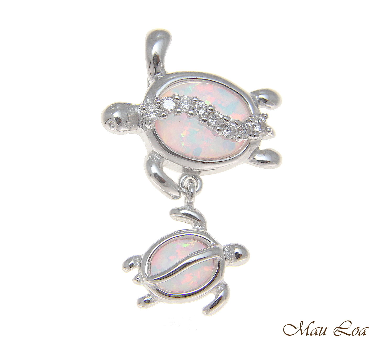925 Silver Rhodium Hawaiian Honu Turtle Family Mom Baby Opal CZ Slider Pendant