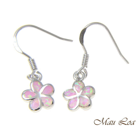 925 Silver Rhodium Hawaiian Plumeria Flower Pink Opal Wire Hook Earrings 8-15mm