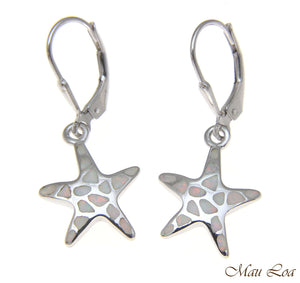 925 Silver Rhodium Hawaiian Starfish Sea Star White Opal Leverback Earrings