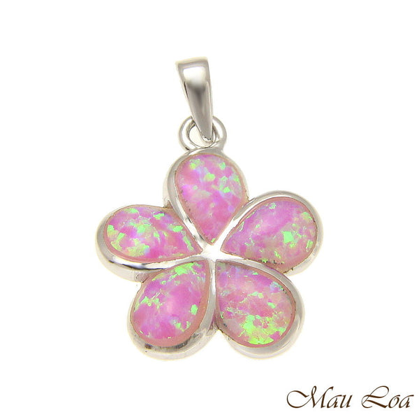 925 Sterling Silver Rhodium Pink Opal Hawaiian Plumeria Flower Pendant 12-30mm