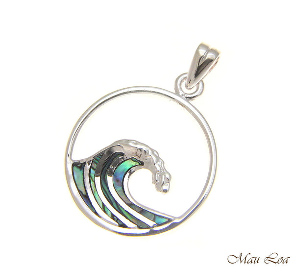 925 Sterling Silver Hawaiian Ocean Wave 20mm Circle Abalone Paua Shell Pendant