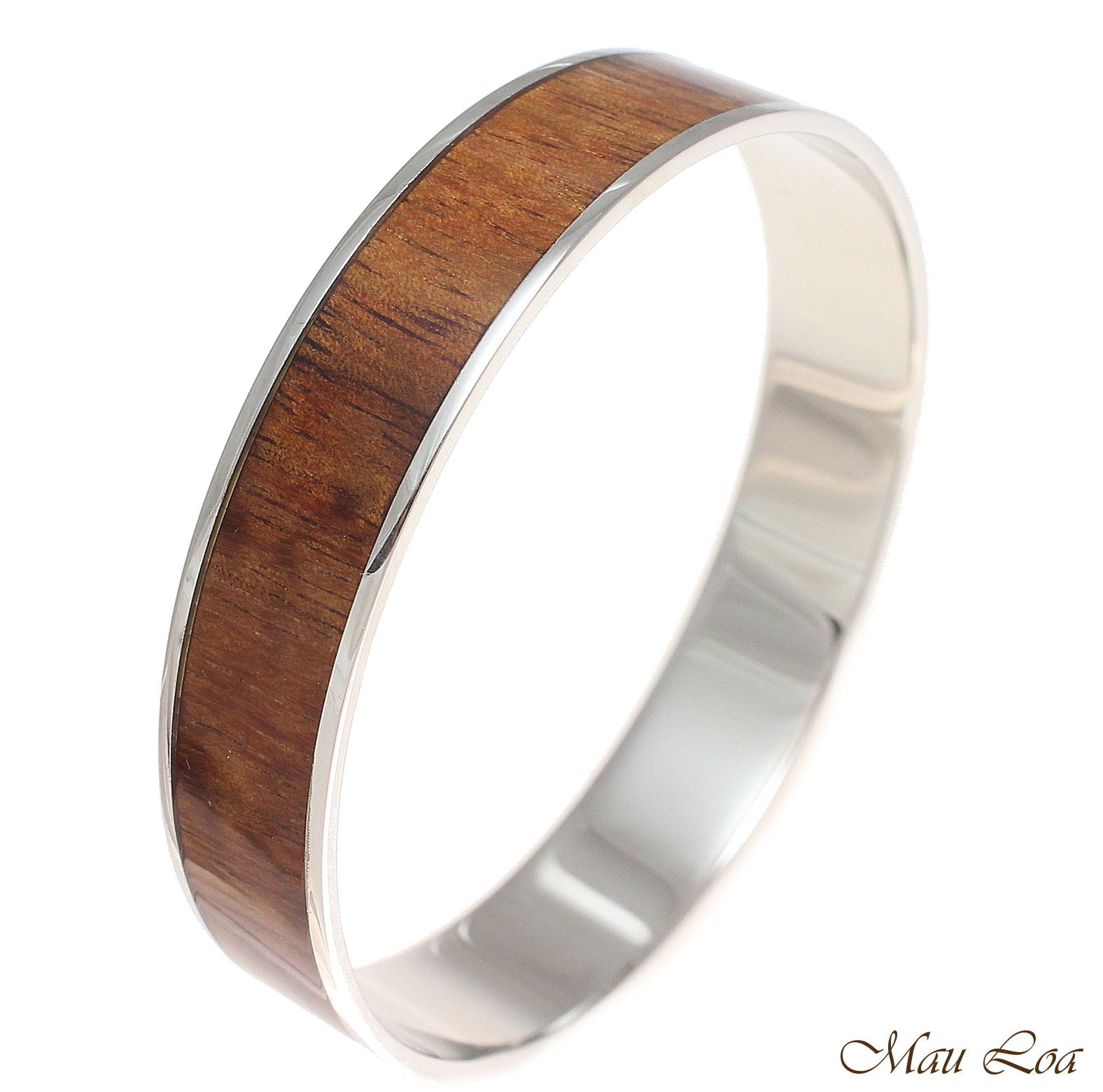 12mm Hawaiian Koa Wood Rhodium Plated on Brass Bangle Bracelet Size 7 - 9