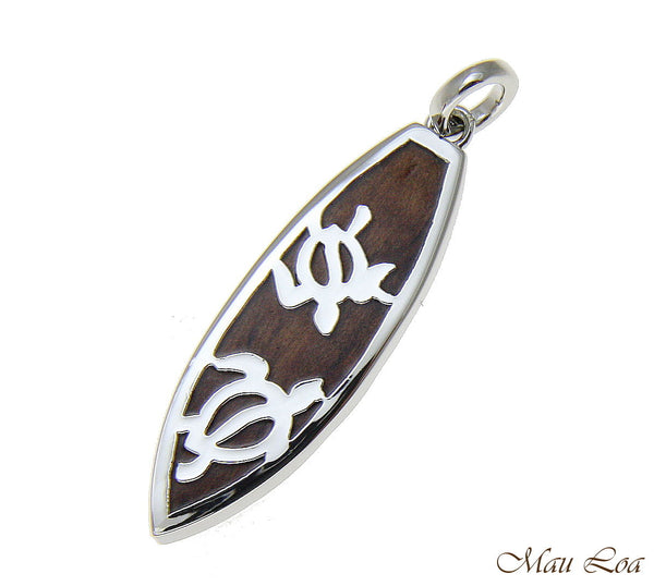 Koa Wood Hawaiian Honu Sea Turtle Surfboard Rhodium Silver Plated Brass Pendant