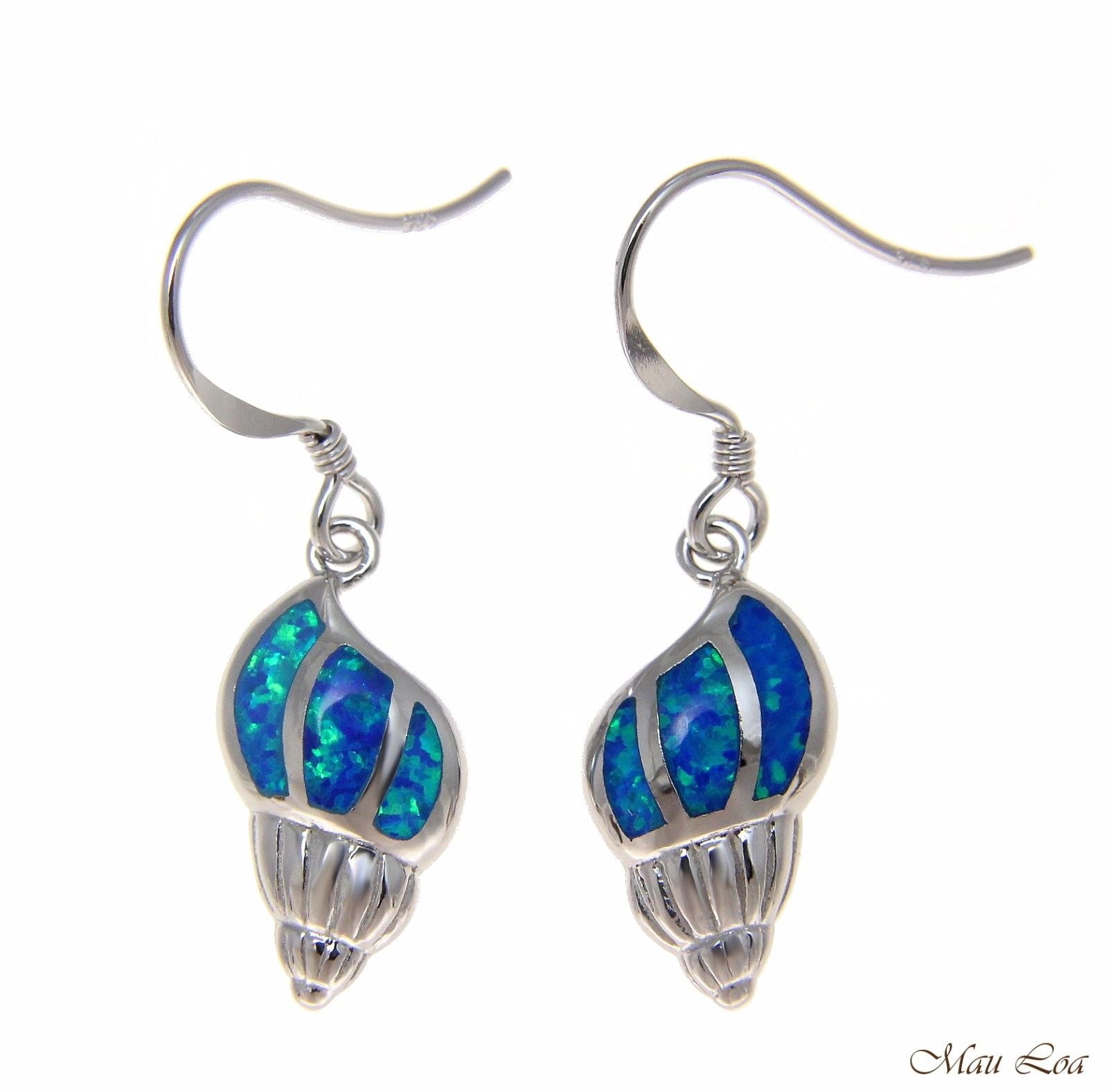 925 Sterling Silver Rhodium Hawaiian Conch Shell Blue Opal Hook Wire Earrings