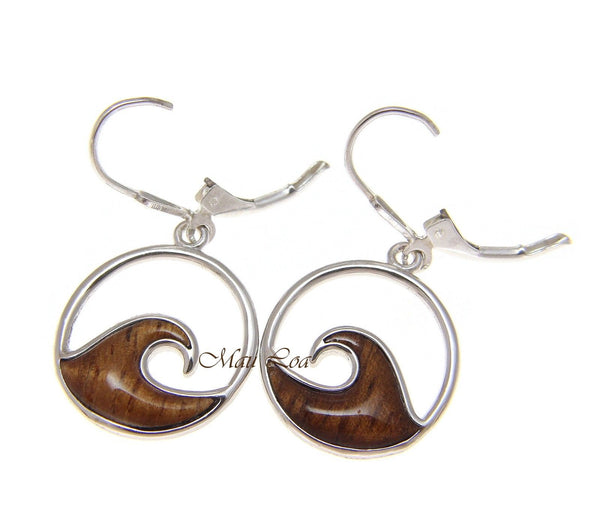 925 Sterling Silver Hawaiian Koa Wood 17.5mm Ocean Wave Lever Back Earrings