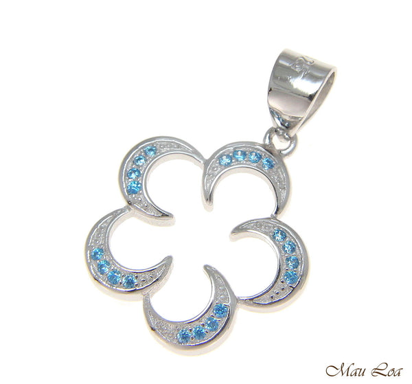 925 Silver Genuine Blue Topaz Hawaiian Floating Plumeria Flower Pendant