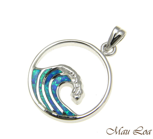 925 Sterling Silver Rhodium Hawaiian 20mm Ocean Wave Blue Opal Pendant Charm