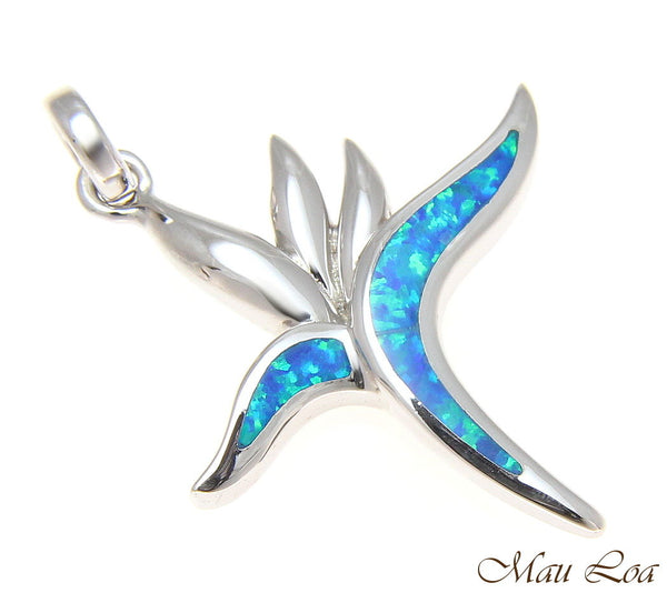 925 Sterling Silver Rhodium Hawaiian Bird of Paradise Flower Blue Opal Pendant