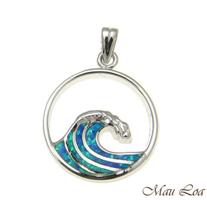 925 Sterling Silver Rhodium Hawaiian 20mm Ocean Wave Blue Opal Pendant Charm