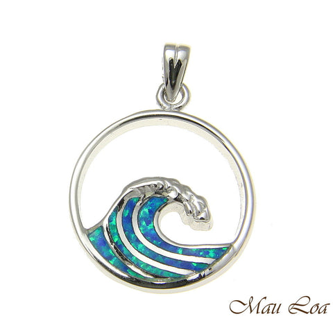 925 Sterling Silver Rhodium Hawaiian 20mm Ocean Wave Blue Opal Pendant Charm