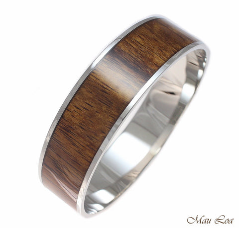 18mm Hawaiian Koa Wood Rhodium Plated on Brass Bangle Bracelet Size 7 - 9