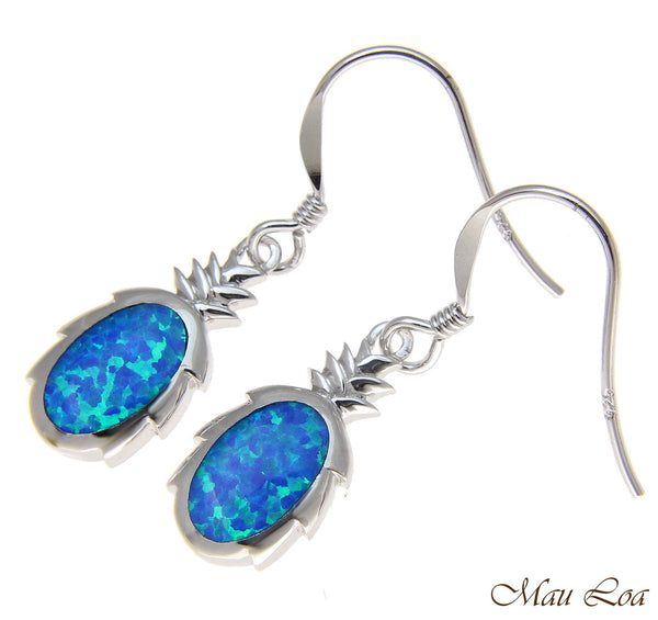 925 Sterling Silver Rhodium Hawaiian Pineapple Blue Opal Hook Wire Earrings