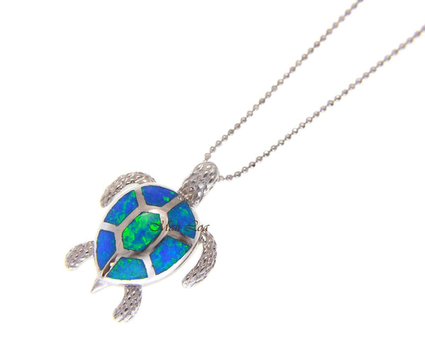 925 Sterling Silver Hawaiian Honu Sea Turtle Blue Opal Slider Pendant