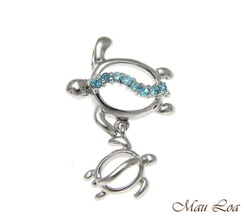 925 Silver Rhodium Hawaiian Honu Turtle Family Mom Baby Blue CZ Slider Pendant
