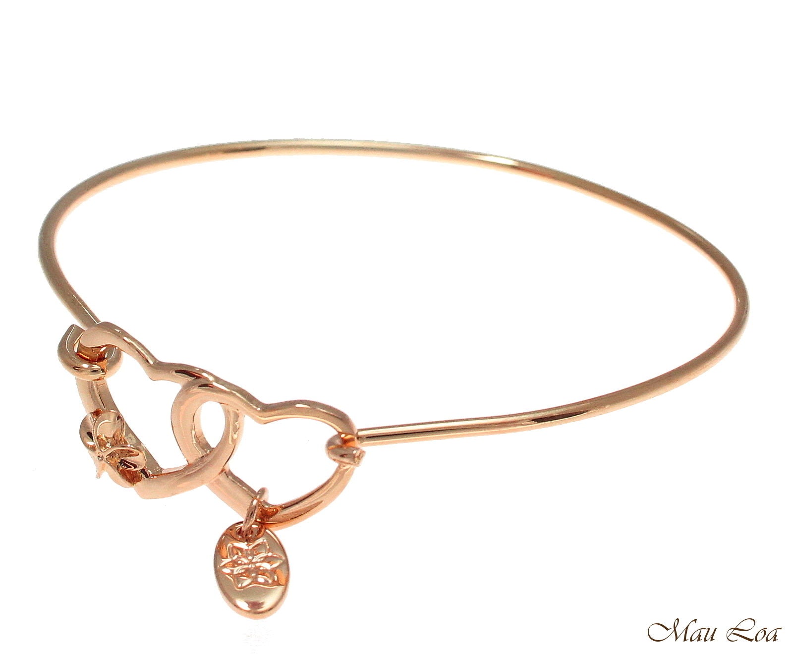 Pink Rose Gold Plated Brass Hawaiian Plumeria Flower Heart Open Bangle Bracelet