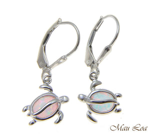 925 Sterling Silver Rhodium Hawaiian Honu Turtle White Opal Leverback Earrings