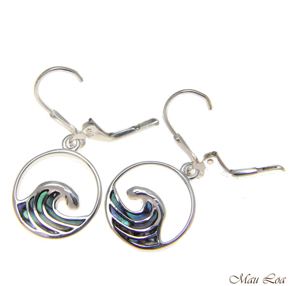 925 Sterling Silver Hawaiian Ocean Wave Abalone Shell Paua Leverback Earrings