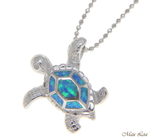 925 Sterling Silver Hawaiian Honu Sea Turtle Blue Opal Slider Pendant