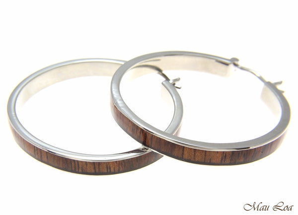 Koa Wood Hawaiian Rhodium Plated Brass 39mm Round Hoop Snap Closure Earrings