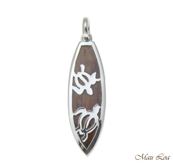 Koa Wood Hawaiian Honu Sea Turtle Surfboard Rhodium Silver Plated Brass Pendant