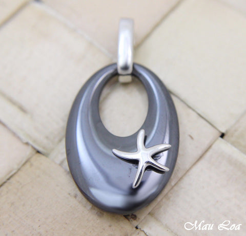 925 Silver Rhodium Hawaiian Starfish Sea Star Black Ceramic Oval Pendant