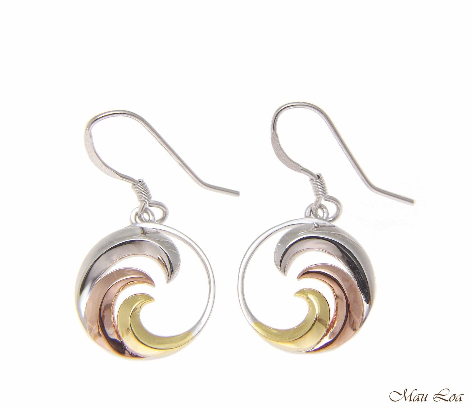 925 Sterling Silver Tricolor Hawaiian 15mm Ocean Wave Wire Hook Dangle Earrings