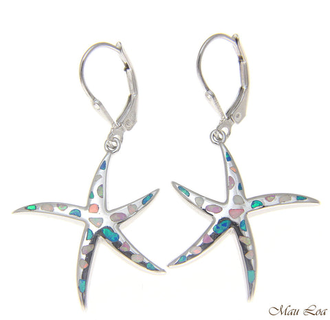 925 Silver Rhodium Hawaiian Starfish Sea Star Multi Opal Leverback Earrings