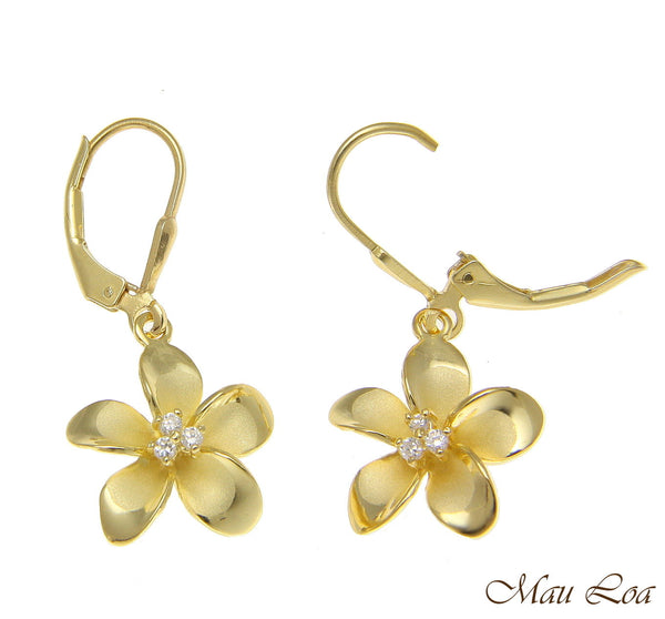925 Sterling Silver Yellow Gold Hawaiian Plumeria Flower 3 CZ Leverback Earrings