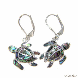 925 Sterling Silver Hawaiian Honu Turtle Abalone Shell Paua Leverback Earrings