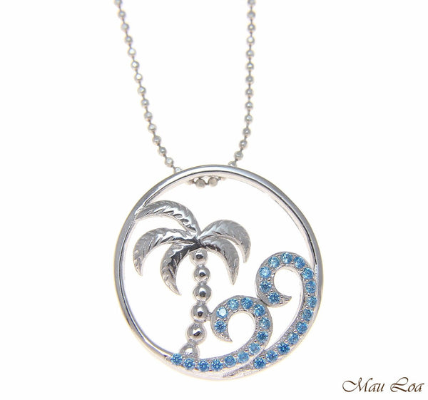 925 Silver Hawaiian Palm Tree Genuine Blue Topaz Ocean Wave Pendant