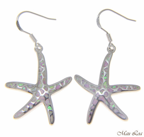 925 Silver Rhodium Hawaiian Starfish Sea Star Pink Opal Hook Wire Earrings