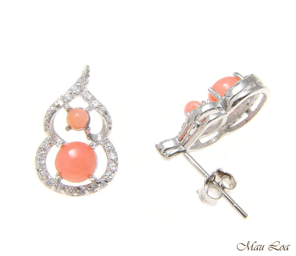 925 Sterling Silver Rhodium CZ Genuine Natural Pink Coral Post Stud Earrings